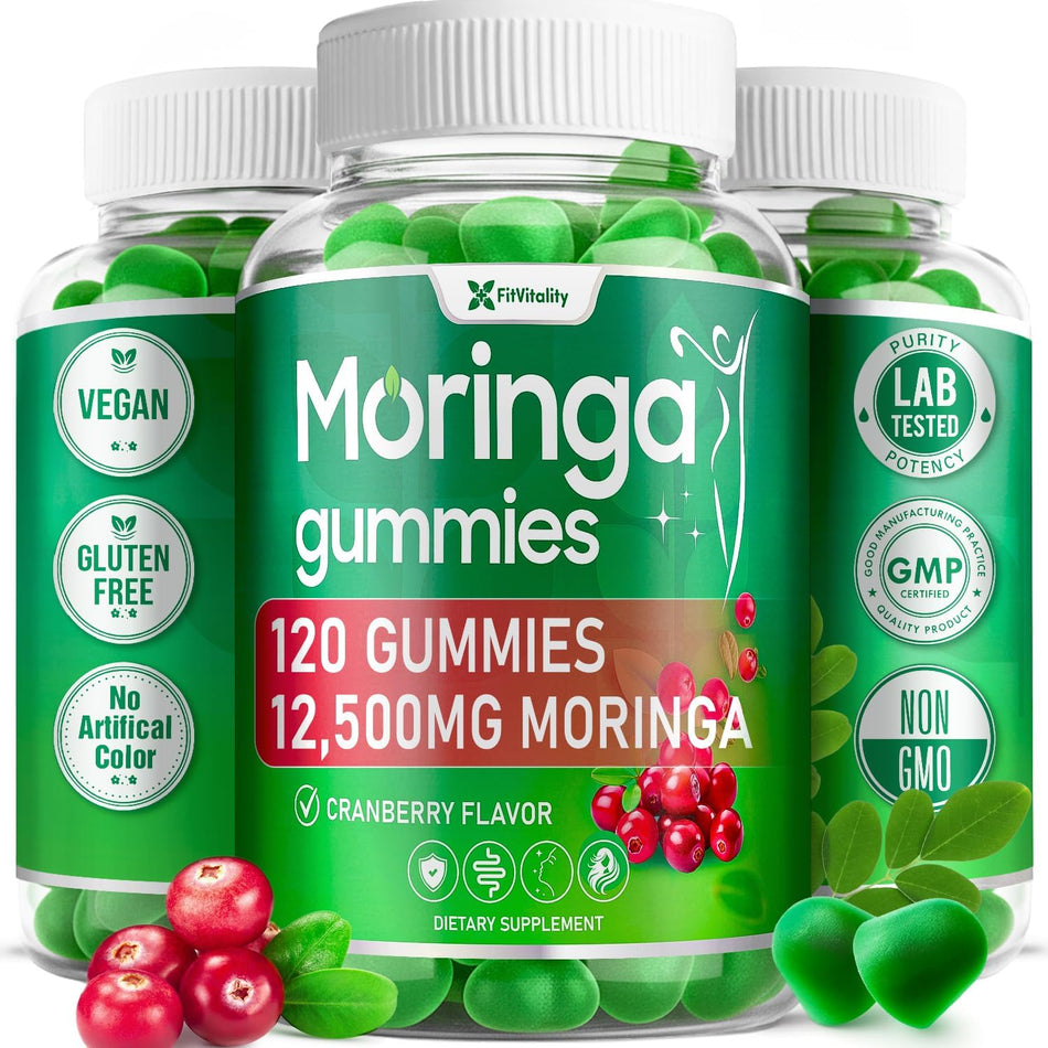 Moringa Gummies with Ginger, Turmeric & Probiotics | Vegan, Sugar-Free Chewables| Plant-Based Pectin Formula with Vitamin C