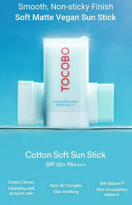 tobacco cotton soft sun stick Tocobo SPF 50+ PA++++ 19g x 2 Packs spectrum UV protection against UVA and UVB rays TOCOBO Cotton Soft Sun Stick