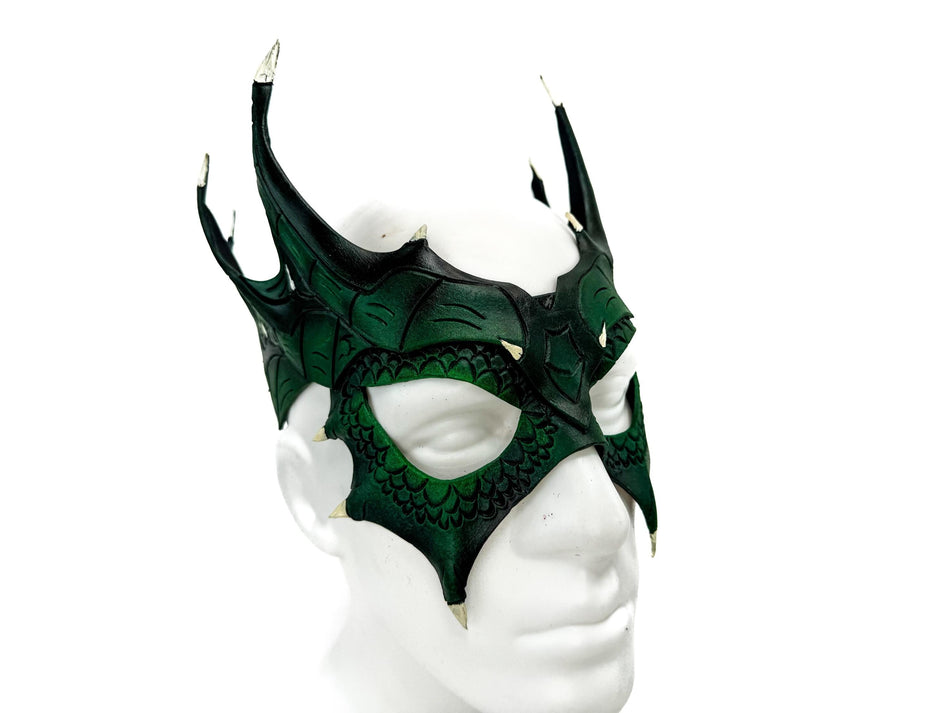 Green Dragon Crown Eye Mask - Handmade Genuine Leather - Masquerade, Halloween or Cosplay Costume
